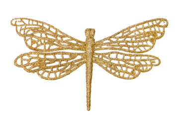 A Christmas decorative tree ornament in the shape of a golden shiny dragonfly, isolated on a transparent background with clipping path. Design element for Christmas card