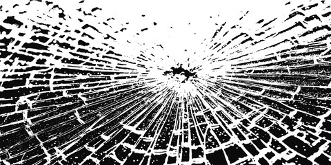 Abstract pattern of shattered glass with radial cracks emanating from a central impact point, creating a dynamic and chaotic visual effect isolated on transparent background