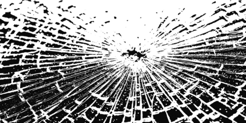 Abstract pattern of shattered glass with radial cracks emanating from a central impact point, creating a dynamic and chaotic visual effect isolated on transparent background