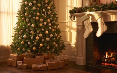 Christmas Tree in Cozy Living Room Interior with Fireplace and Presents