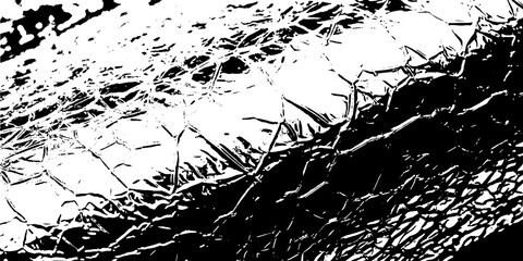 Abstract black and white texture resembling cracked earth or shattered glass, with sharp, irregular lines creating a dynamic and distressed visual effect isolated on transparent background