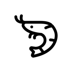 Stylized black outline of a shrimp with curved body and antennae on a white background illustration
