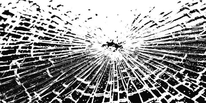 Abstract pattern of shattered glass with radial cracks emanating from a central impact point, creating a dynamic and chaotic visual effect isolated on transparent background