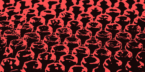 Abstract pattern of red shapes resembling a crowd or organic forms against a dark background, creating a textured and visually striking graphic