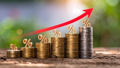 Stacks of coins with percentage signs overlaid with a red upward arrow over a blurry green background