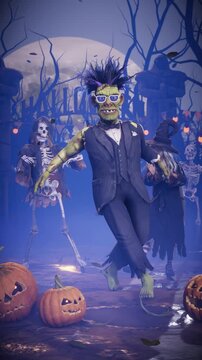 Halloween party. Scary Frankenstein monster in a spooky graveyard with skeletons and pumpkins. 3D animation for greeting cards, invitations, posters, holiday events, parties