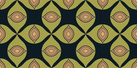 Repeat ogee pattern with ethnic influences, geometric pattern, minimal, gift wrap, wrapping paper, fabric print, textile design, seamless pattern, green