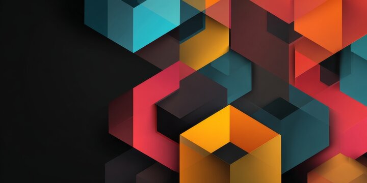 Fototapeta abstract geometric design of interlocking 3D cubes and hexagons in vibrant blue, red, orange, yellow, and black against deep black background with layered depth and modern visual impact