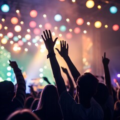 Crowd of people cheering with their hands raised at a vibrant music concert event