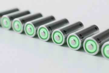 A row of cylindrical batteries showing their green and silver color details, related to energy storage technology.