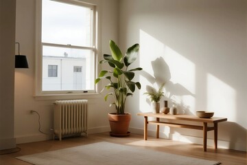 A bright and airy room with a large window, indoor plants, and minimalist furniture creating a cozy and serene atmosphere.
