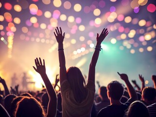 Crowd of people cheering at a concert with colorful lights and raised hands