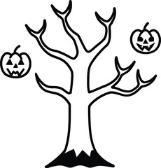 haunted tree with pumpkin faces illustration on transparent background