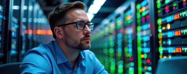 Cybersecurity Expert Analyzing Data Threats in a Server Room Environment Focused on Preventing Risks