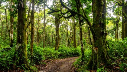 Obraz premium Lush green forest scene with a winding dirt path and moss-covered trees, creating a serene natural setting