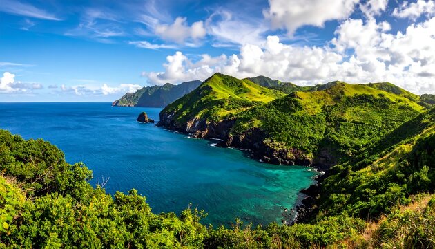 Lush, hilly coast with crystal-clear turquoise water meeting forested green hills under a partly cloudy blue sky - Powered by Adobe