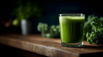 Fototapeta premium A vibrant green kale juice in a glass set against a dark moody background on a rustic wooden surface