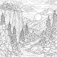 Landscape with mountains and a waterfall.Coloring book antistress for adults.