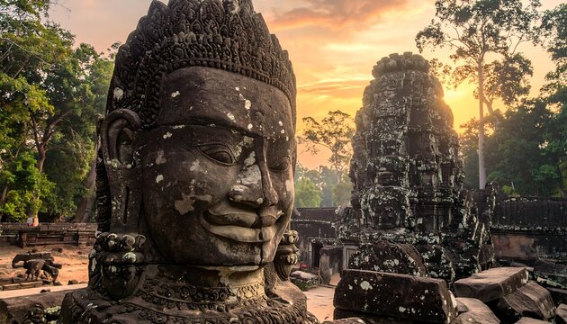 Stone faces of ancient temple complex in a jungle setting, with warm sunset light. Serene and aged structures
