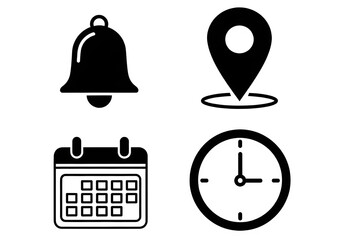 "Bell, Location, Calendar, and Clock Black Icon Set Isolated on Transparent Background PNG"