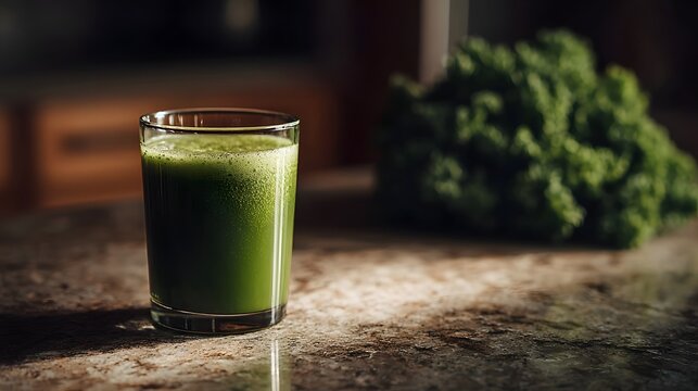 A refreshing glass of vibrant green juice sits on a speckled kitchen counter with fresh leafy greens in the background