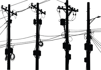 Urban utility poles silhouette, electrical wires network, communication cables, power lines infrastructure, tangled city wiring, electricity distribution, industrial skyline