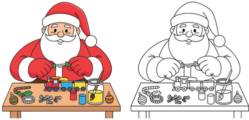 Cartoon Santa Claus Painting a Toy Train at His Workshop, Festive Christmas Craft Activity