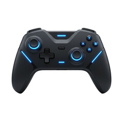 Modern black gaming controller with glowing blue lights © BTG