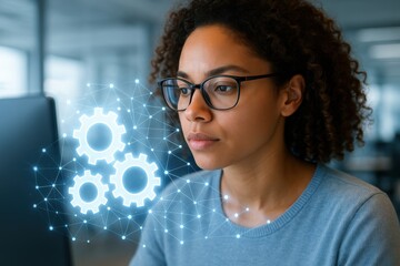 Woman in Technology: A focused woman, immersed in the digital realm, expertly navigates technology with thoughtful glasses, representing the cutting edge of innovation.