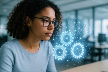 Visionary in the Digital Realm: A focused woman, immersed in the digital landscape, embodies the intersection of technology and human intellect, as a gear symbol floats beside her head