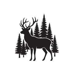 Silhouette of wild deer with antlers standing in pine forest, isolated on white background.