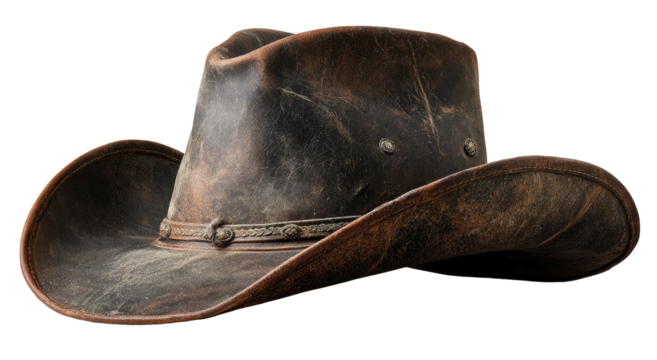 Worn leather cowboy hat against black background - Powered by Adobe