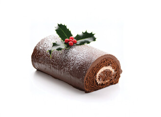 classic French Bûche de Noël chocolate Yule log cake, decorated with cream, chocolate bark texture, holly leaves, and powdered sugar, isolated on white background
