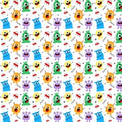 seamless repeating patterns of cute monsters drawn with crayons on white background, children's illustration