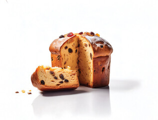  Italian Panettone Christmas Bread Isolated on White Background. Traditional Italian panettone sweet bread with candied fruits and raisins. A classic holiday dessert enjoyed during Christmas in Italy.