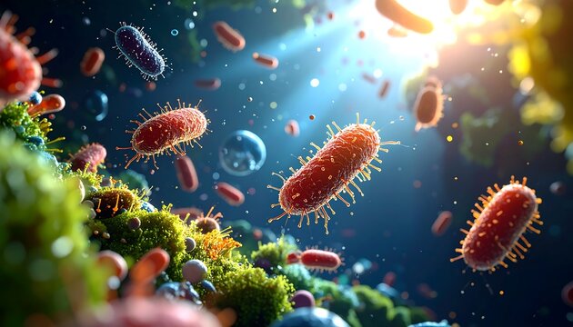 Microscopic bacteria or cells float in a sunlit, blurry environment with green mossy textures and scattered bubbles