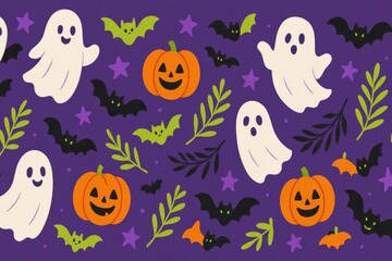 Fototapeta premium Delightful halloween pattern featuring whimsical ghosts pumpkins bats and stars on a lilac