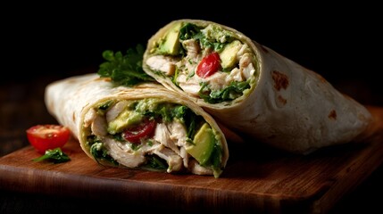 A delicious chicken and avocado wrap sliced in half and presented on a rustic wooden cutting board with fresh garnishes