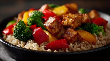 A healthy and vibrant stir fry of tofu and fresh vegetables served over brown rice in a bowl