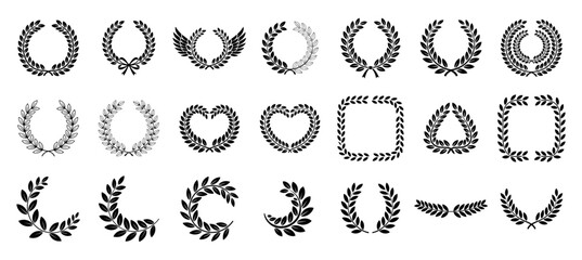 laurel wreath icon set with circle, heart and square shapes, black vector illustrations for victory, award and heraldry