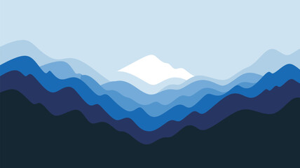 Layered blue mountains with a white peak in the distance against a light blue sky backdrop viewscape