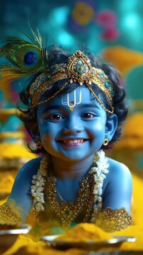 Divine Janmashtami moment: adorable lord, smiling child, young monarch, blue skin, Hindu baby, yellow dress, cute toddler, Krishna birth, sacred festival, Jayanti, Rohini, Gokulashtami