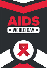 World Aids Day. Red ribbon symbol. Awareness and prevention hiv. Medical healthcare concept. Human support and protection. Celebrated annual in December 1. Poster, banner and background. Vector
