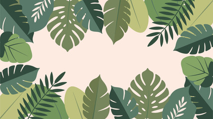 A frame of various green tropical leaves on a light pink background with space for text in the center