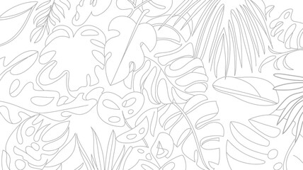 Outline drawing of various tropical leaves including monstera and palm fronds in a white background