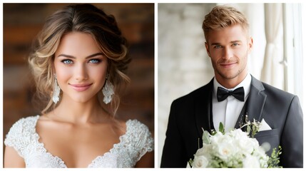 Bride and groom smiling on wedding day portrait