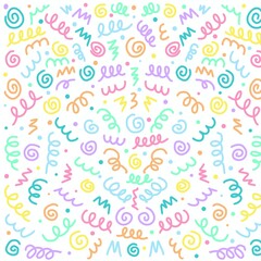 Cute seamless vector pattern with drawing shapes in pastel colors on a white background