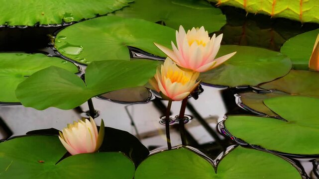 A close-up shot captures three beautiful water lilies, with soft pink and pale yellow petals, standing on dark stems above the water, surrounded by numerous large, deep green lily pads and reflecting