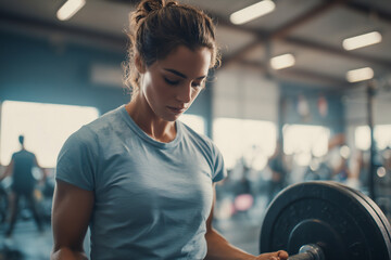 fit woman lifting weights barbell overhead press concept of weight loss healthy living