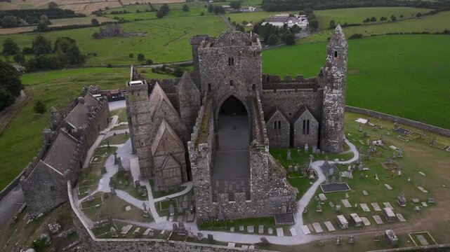 Rock of Cashel, Aerial view at SUnset. Also known as Cashel of the Kings. Located at Cashel, County Tipperary, Ireland.